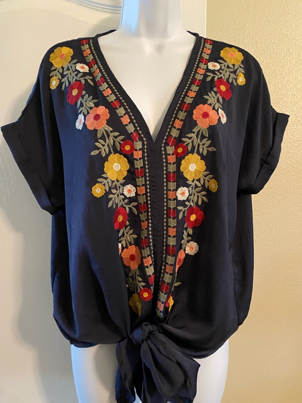 entro Navy Embroidered Floral Tie-Front Blouse